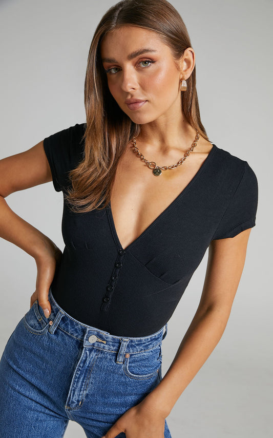 Girl Next Door Short Sleeve Bodysuit in Black