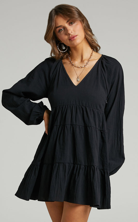 Harriette Tiered Long Sleeve Mini Shift Linen Blend Dress in Black