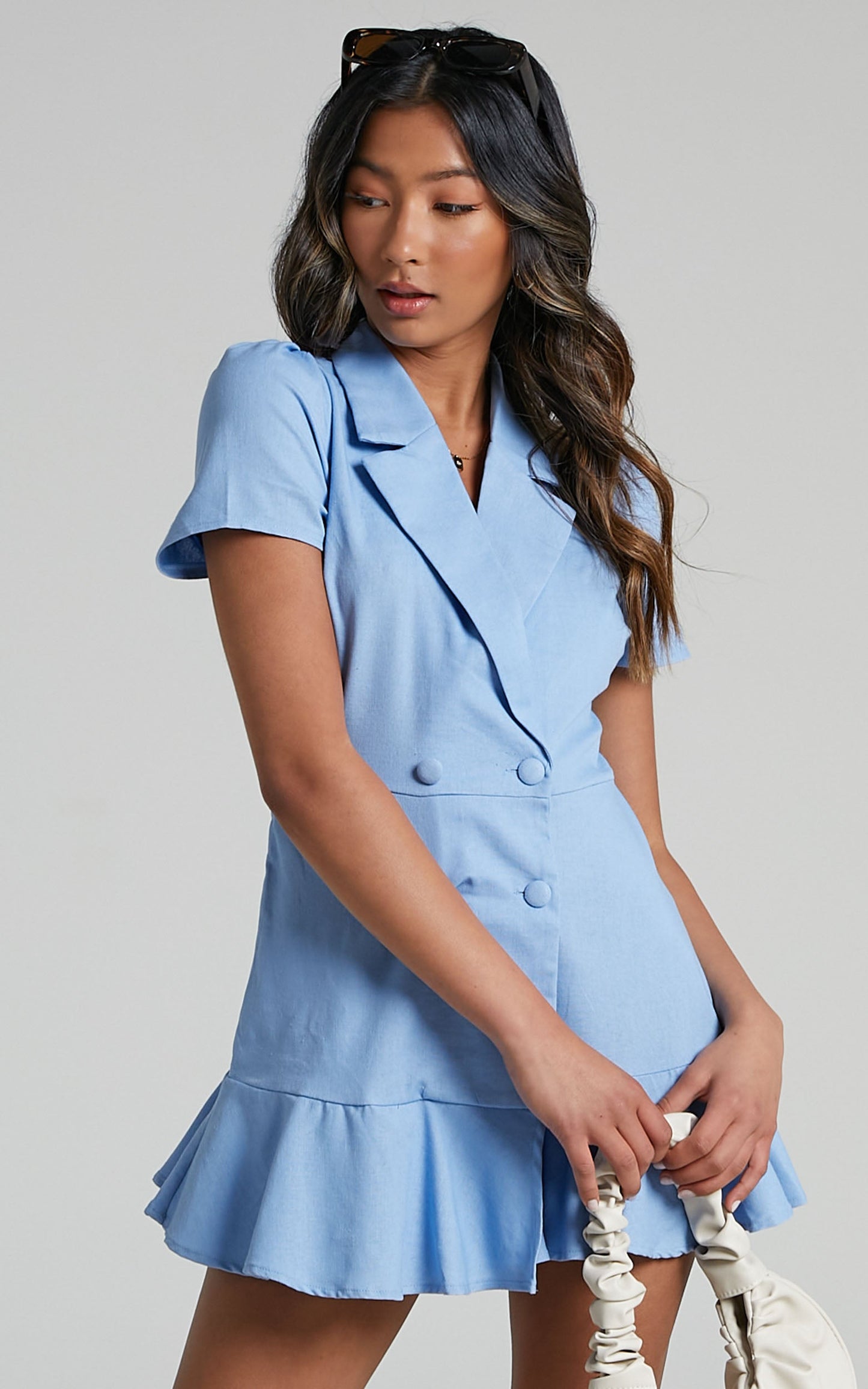 Hawker Playsuit - Linen Plunge Double Breasted Playsuit in Light Blue