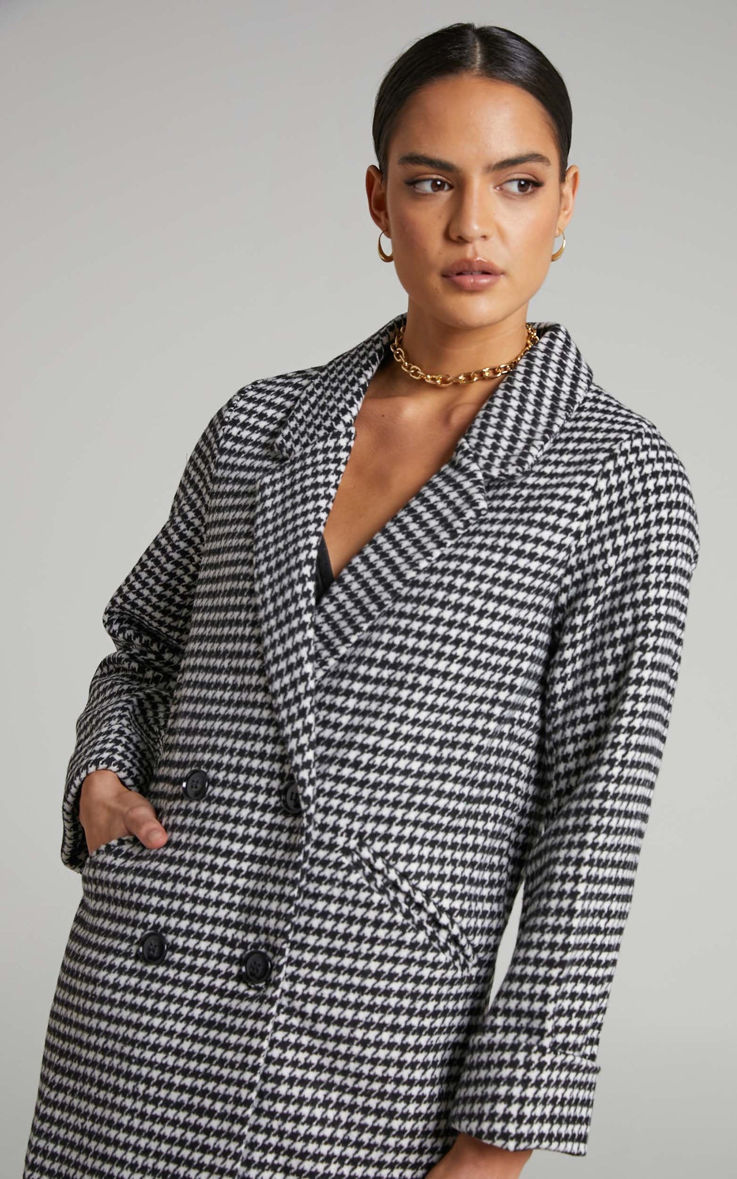 Hermeena Coat - Linen Look Double Breasted Longline Coat in Black/White check