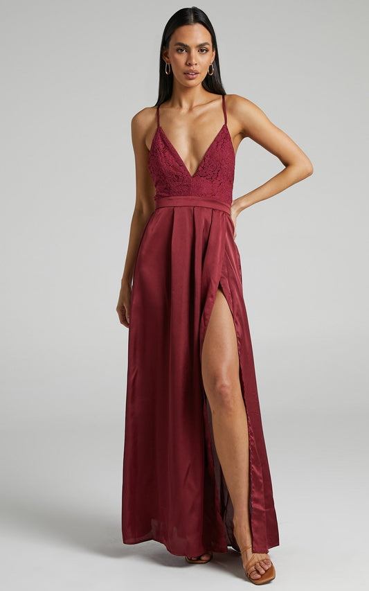 Inspired Tribe Plunge Neckline Thigh Split Maxi Dress in Wine