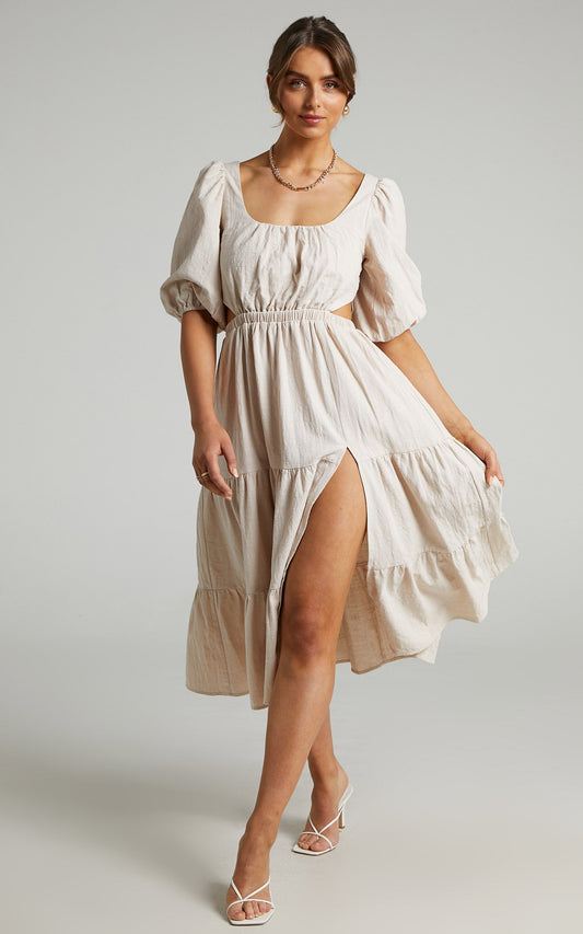 Ianthea Cut Out Tiered Midi  Dress in Beige