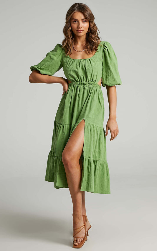 Ianthea Cut Out Tiered Midi  Dress in Green