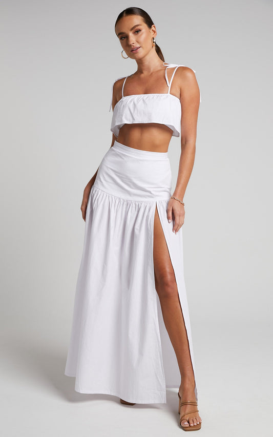 Ivanna Two Piece Set - Tie Shoulder Crop Top and Drop Waist Maxi Skirt in White