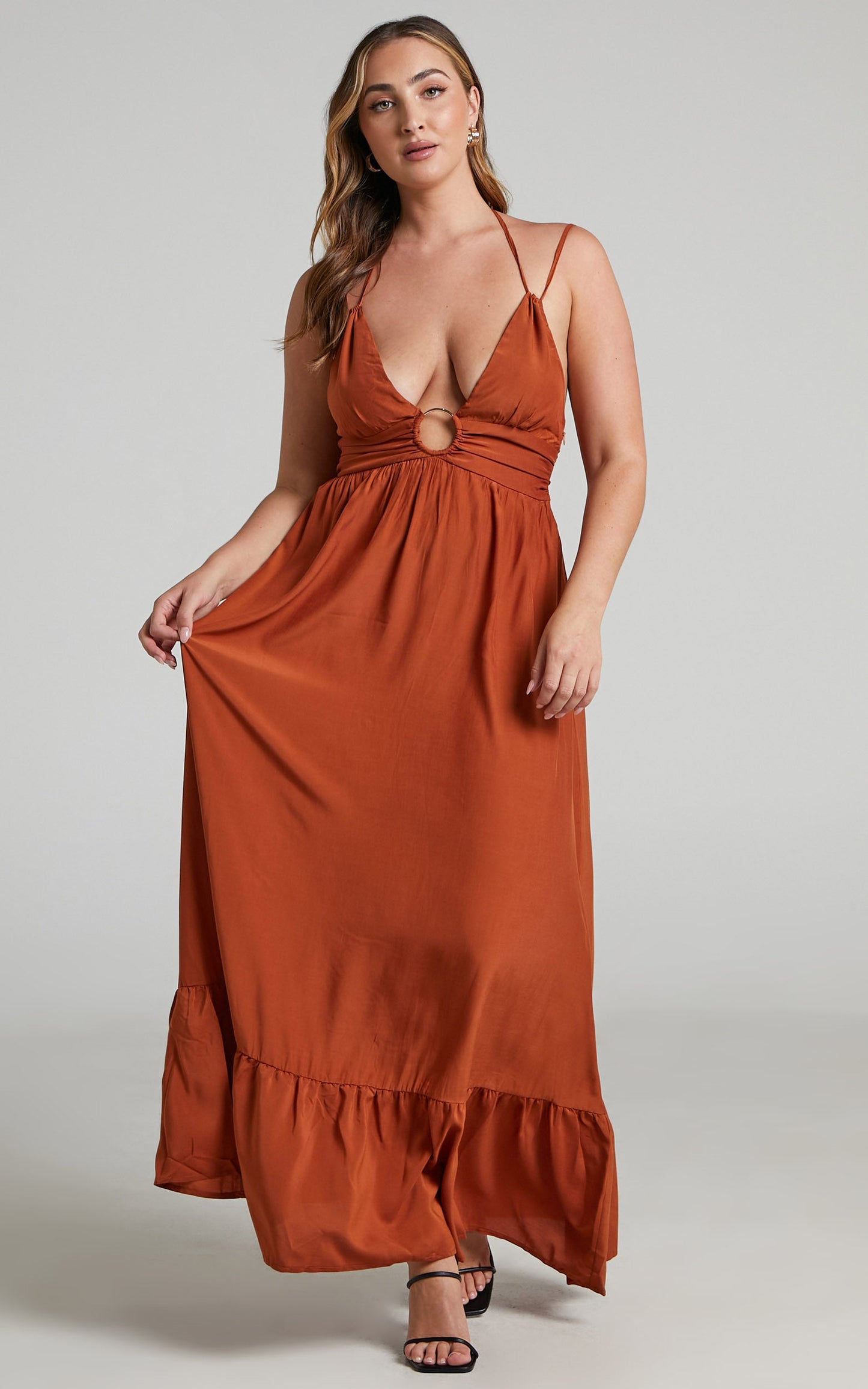 Jadiah Midi Dress - Ring Detail Plunge Dress in Rust