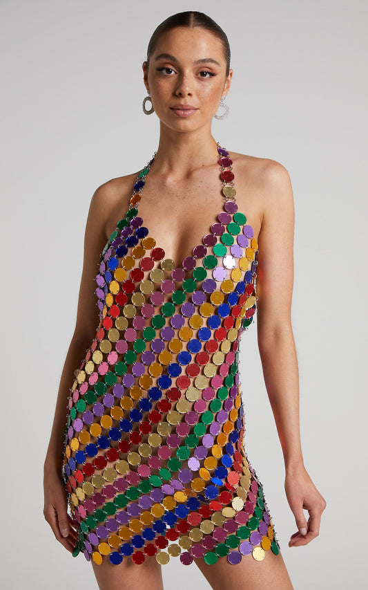 Jasleen Mini Dress - Circle Disc Sequin Halter Dress in Multi