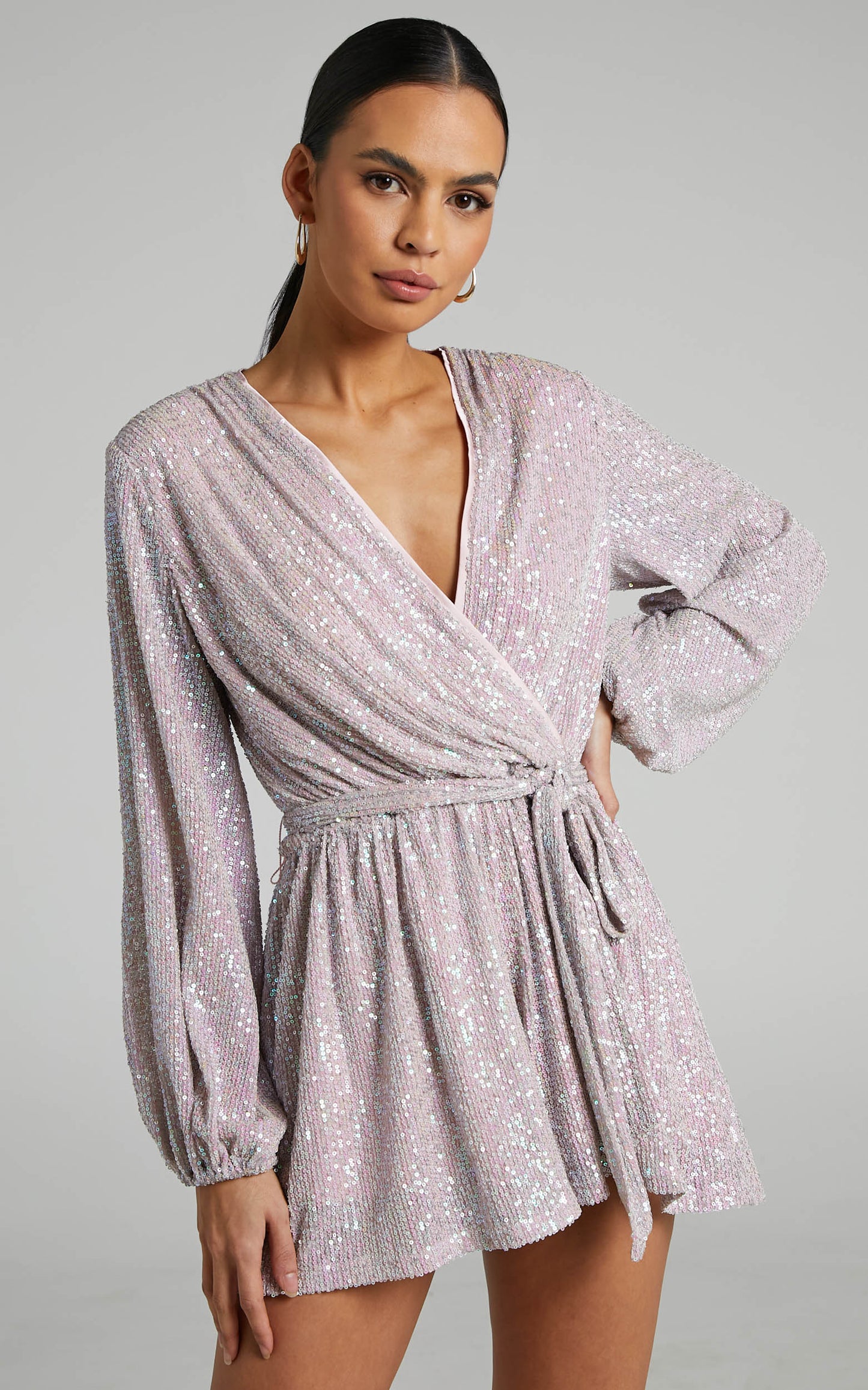 Jessen Playsuit - Tie Waist Balloon Sleeve Playsuit in Blush Sequin