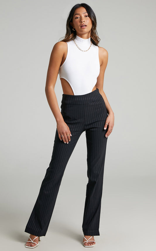 Joan Striped Split Hem Pants in Black Pinstripe