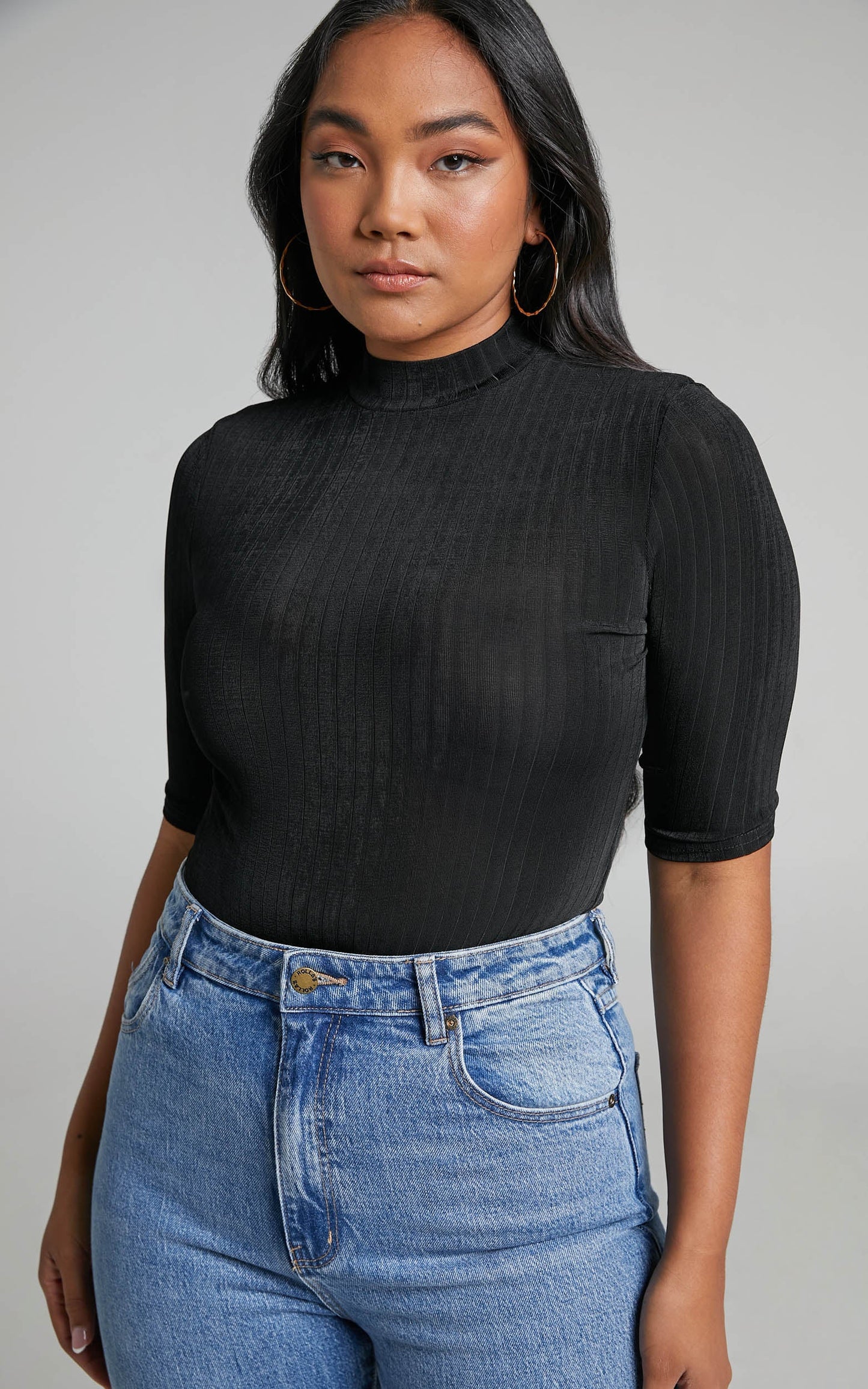 Kaimi Bodysuit - High Neck Long Sleeves Ribbed Bodysuit in Black