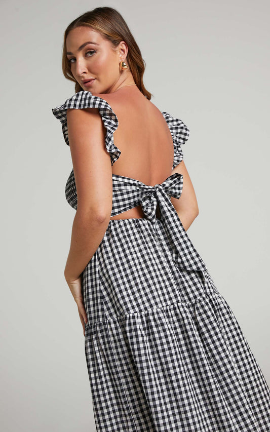 Kamrin Shirred Bodice Frill Sleeve Midi Dress in Black Gingham Print