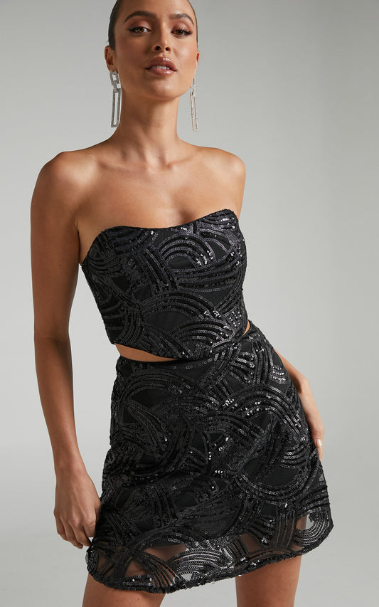 Kenny Mini Skirt - Sequin A Line Skirt in Black