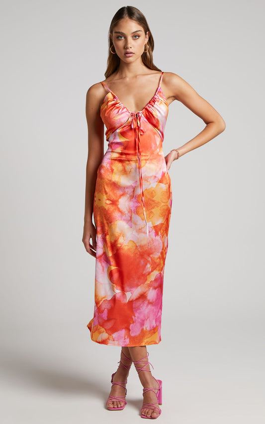 Kiararah Midi Dress - Tie Front V Neck Cut Out Midi Dress in Party Sunrise