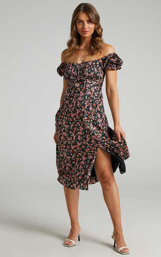 Kordyn Midi Dress in Black Floral
