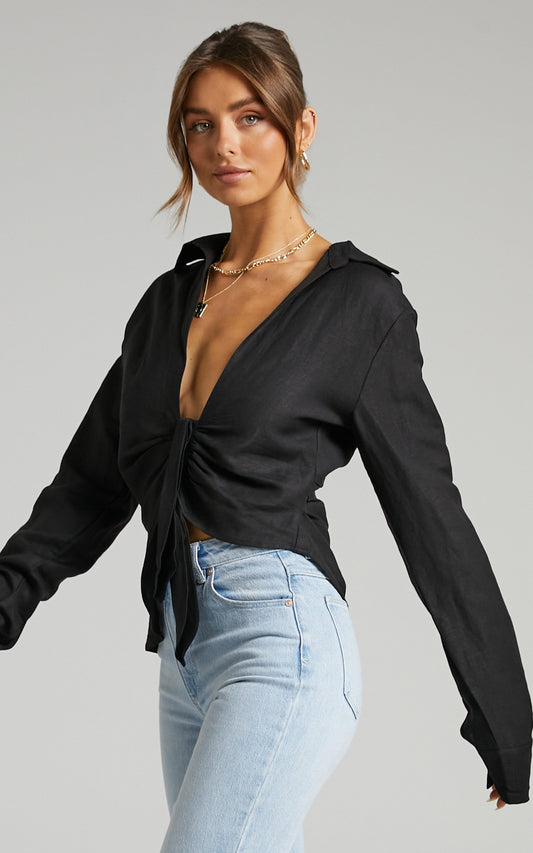 Lioness - Valencia Linen Look Plunge Top in Black