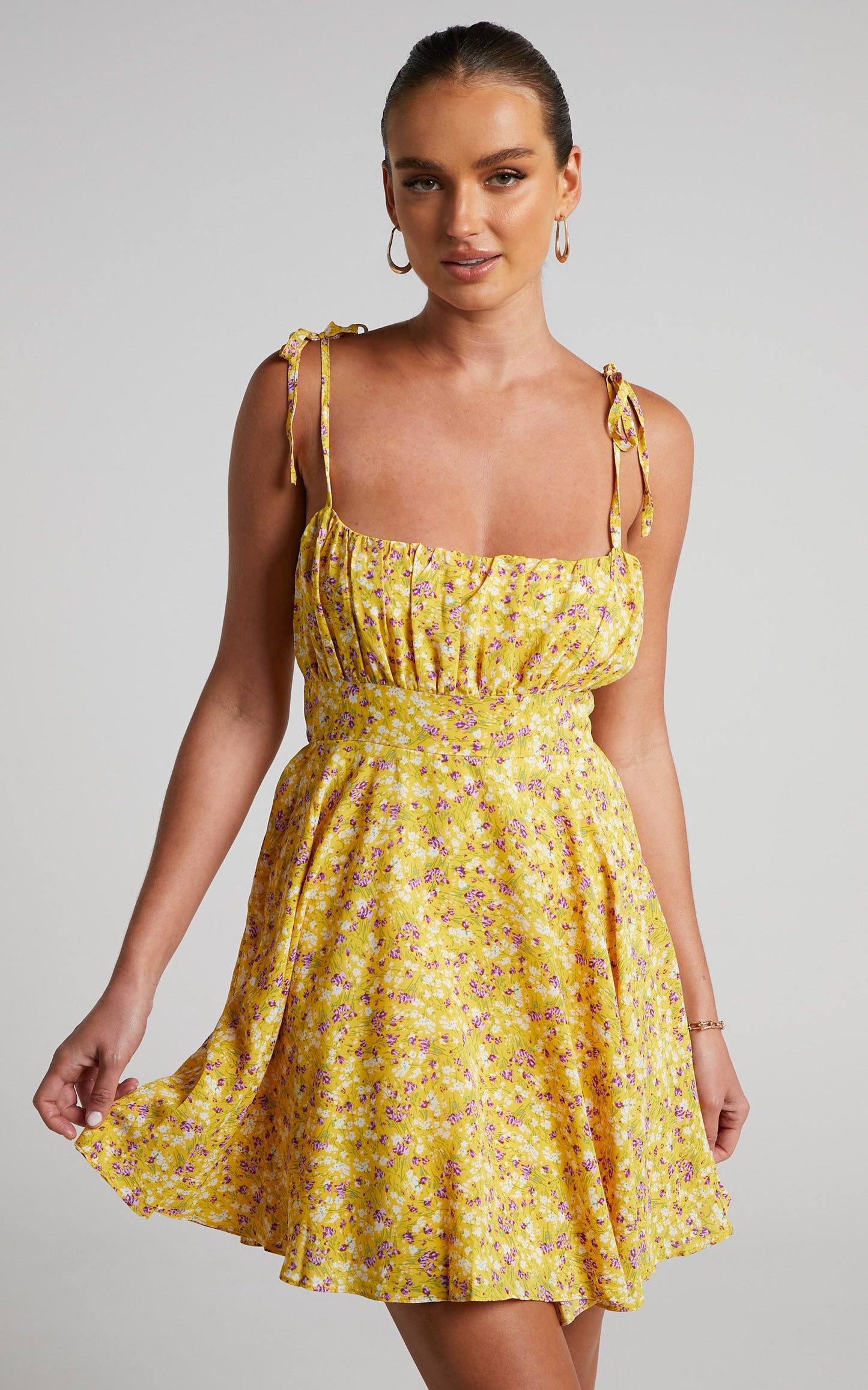 Liahna Mini Dress - Ruched Bust Tie Shoulder A-Line Dress in Yellow Floral