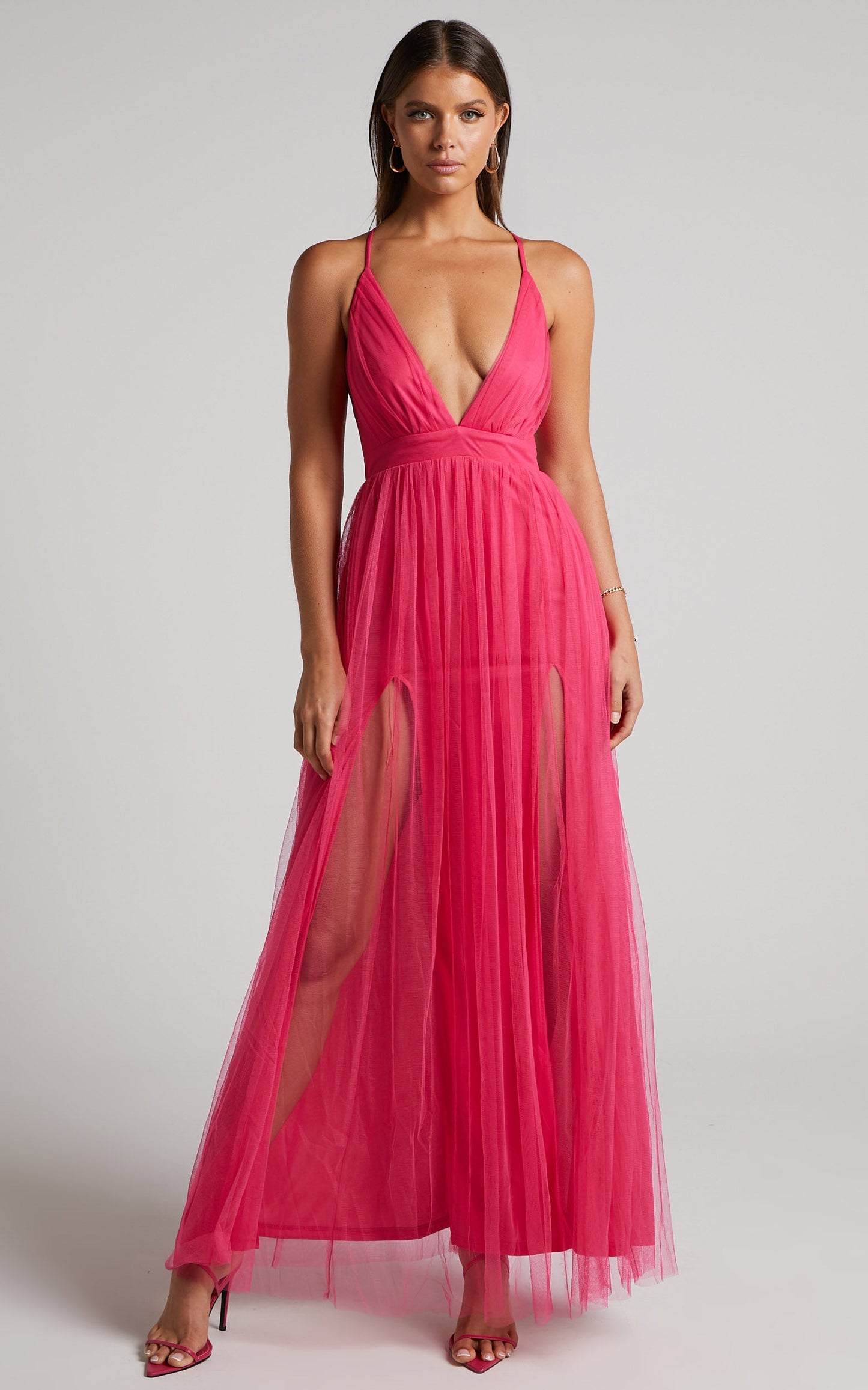 Like A Vision Midi Dress - Plunge Thigh Split Dress in Hot Pink