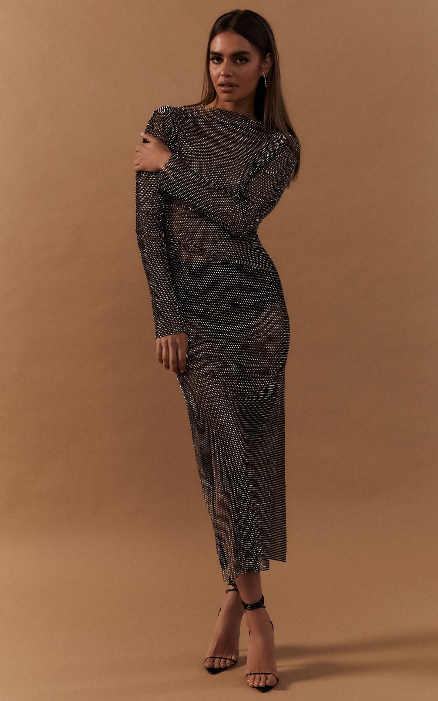 Katerina Midi Dress - Long Sleeve Split Diamante Mesh Dress in Black