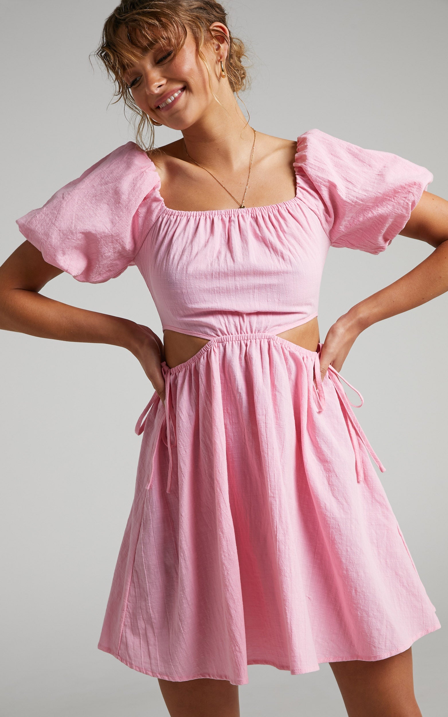 Loriella Linen Waist Cut Out Skater Skirt Dress in Dusty Pink