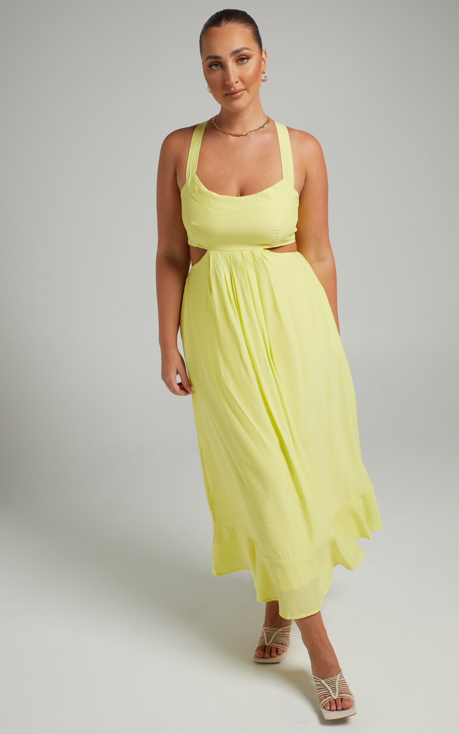 Leontine Midi Dress with Tie Up Back in Lemon