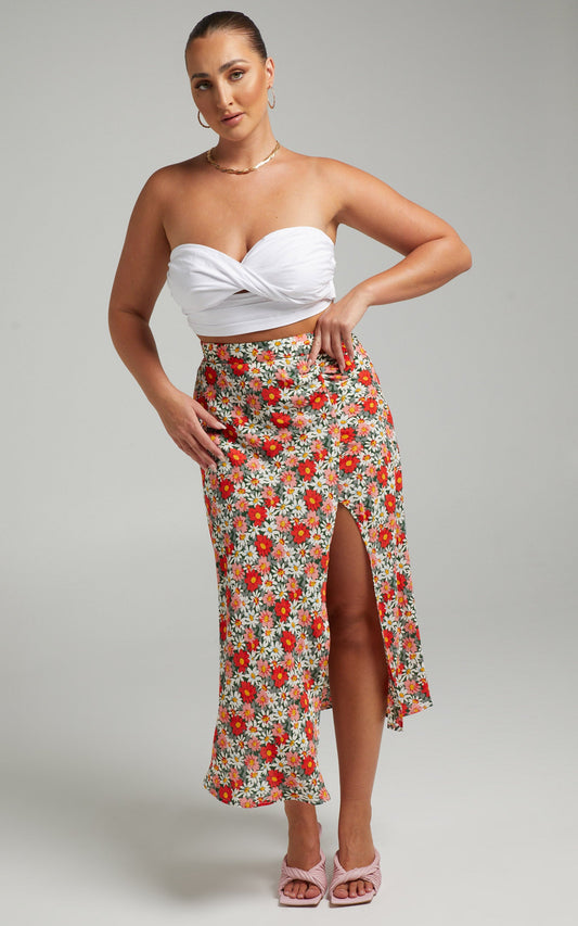 Jessibelle Midi Skirt with Leg Split in Navy Floral