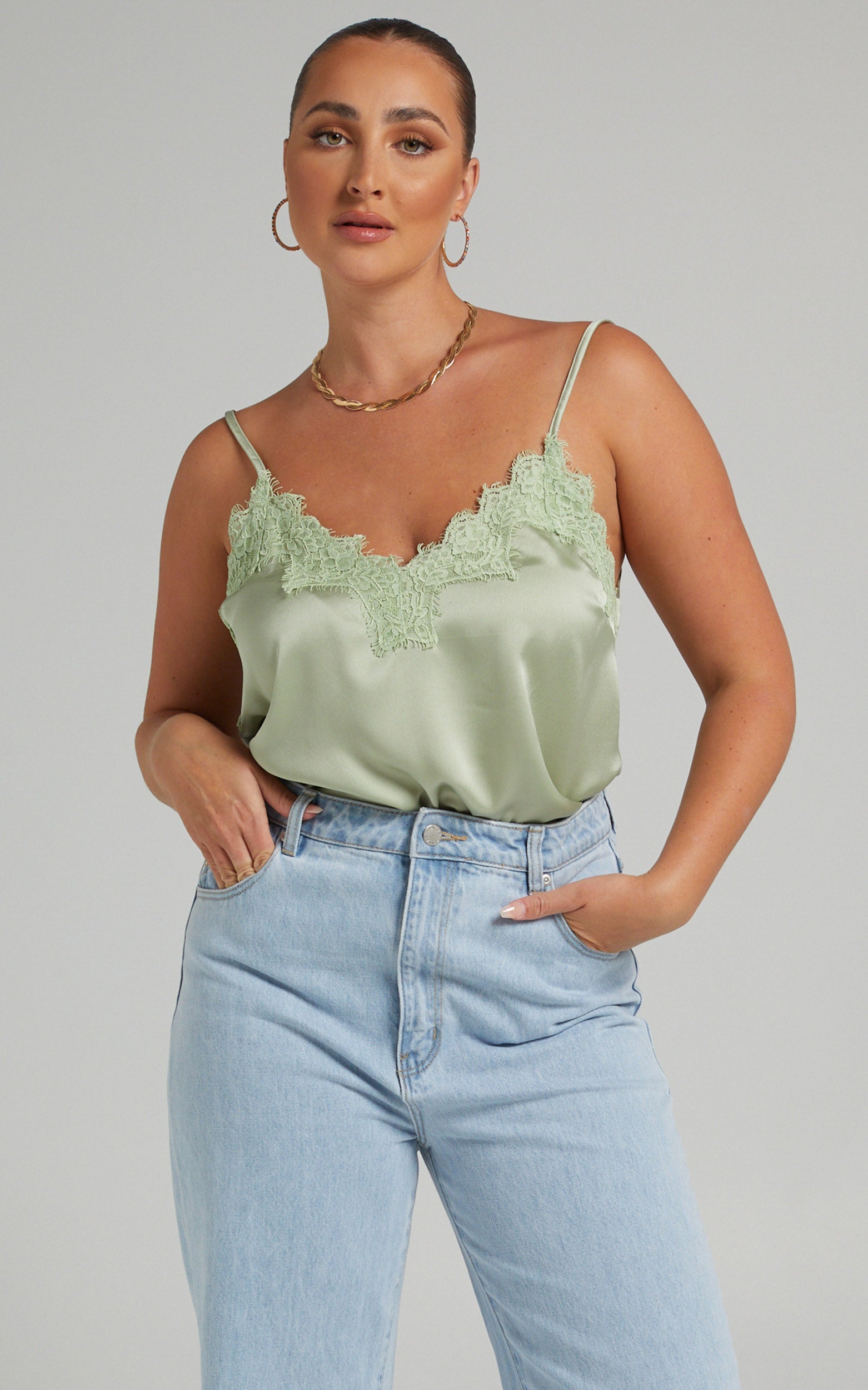 Jennifer Lace Trim Cami in Green Satin