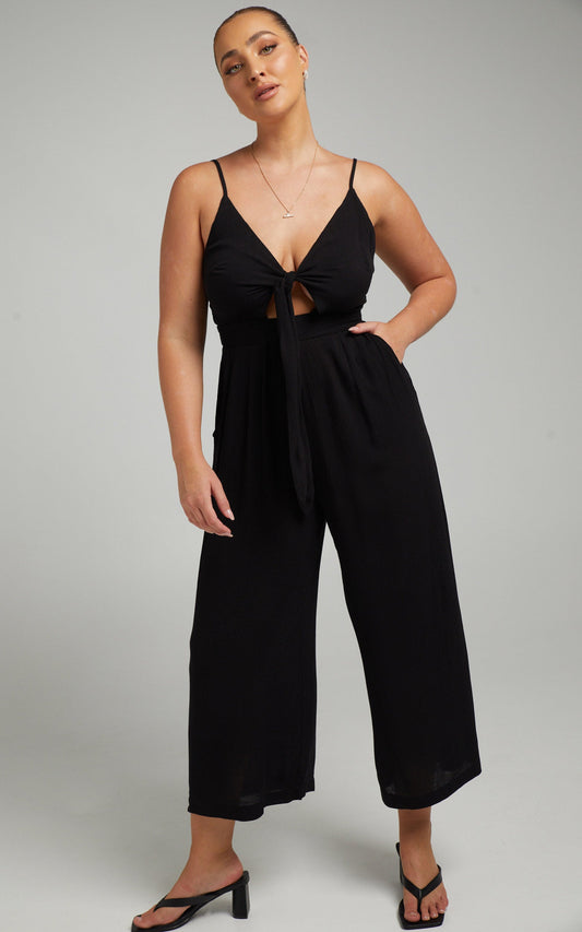 Renewed Jumpsuit in Black Linen Look