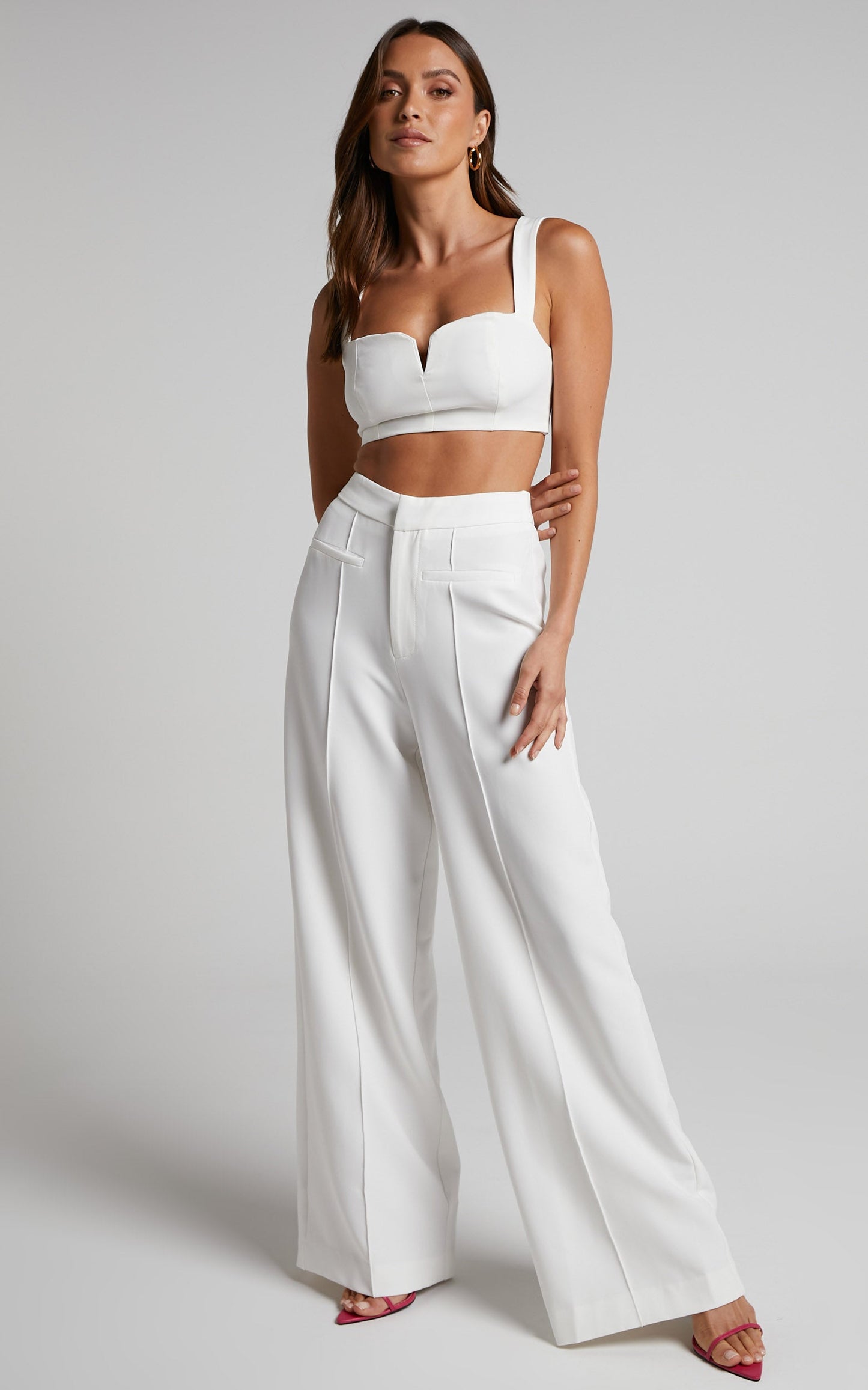Maida Two Piece Set - V Front Crop Top and Wide Leg Pants Set in Ivory