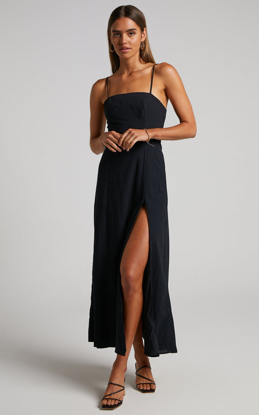 Marsha Midi Linen Blend Dress - High Split Slip Dress in Black