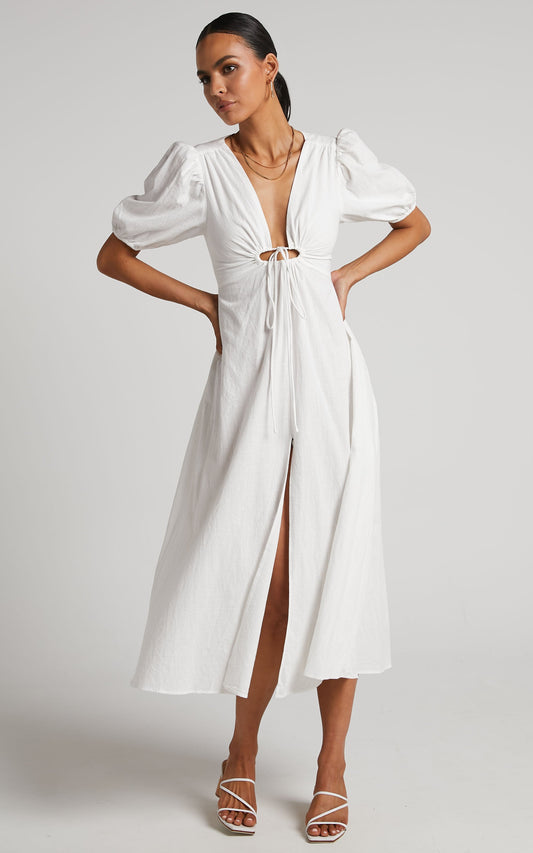 Marsha Midi Dress - Ring Detail Tie Back Puff Sleeve Dress in White