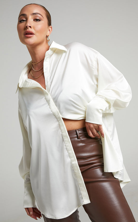 Matheresa Shirt - Oversized Button Up Satin Shirt in Ivory