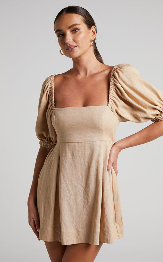 Matty Mini Dress - Linen Strappy Back Puff Sleeve Baby Doll Dress in Beige