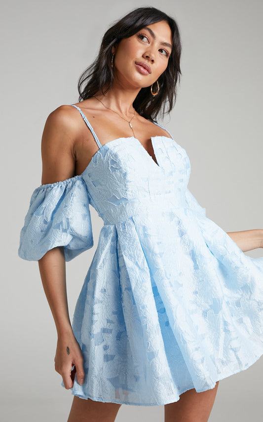 Mayca Off Shoulder Mini Dress in Ice Blue