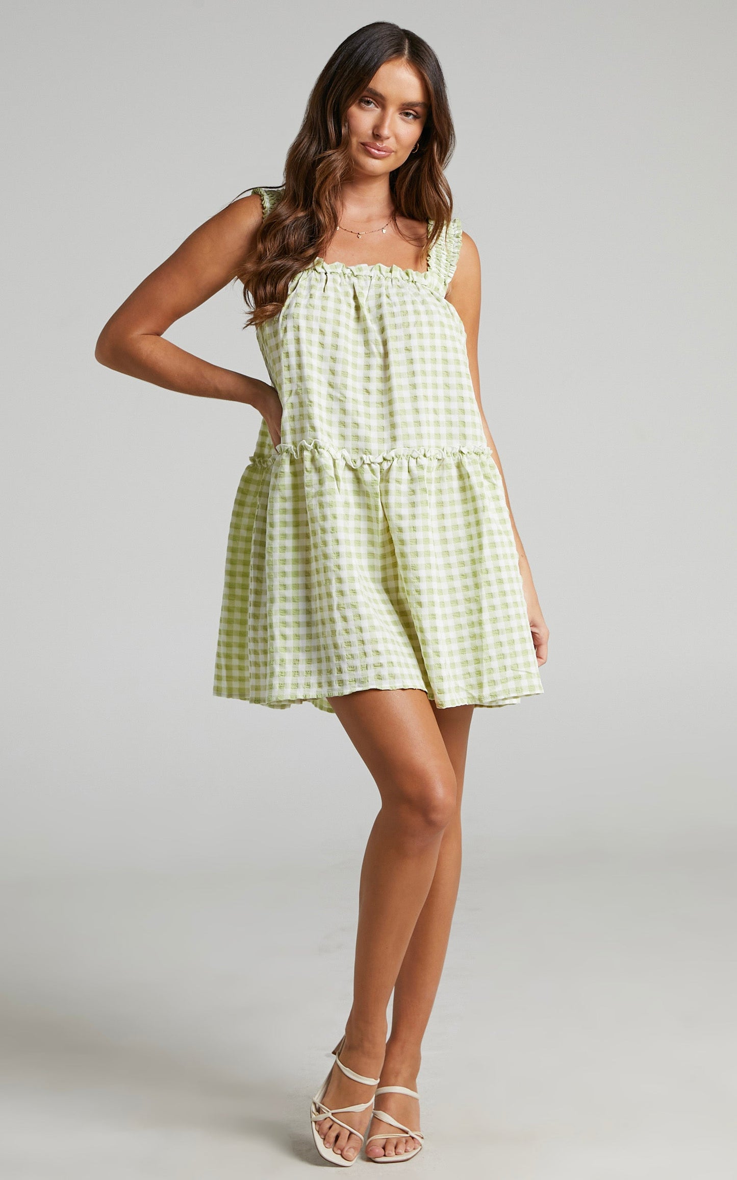 Meldzie Gingham Tiered Mini Dress in Meldzie Lime Gingham