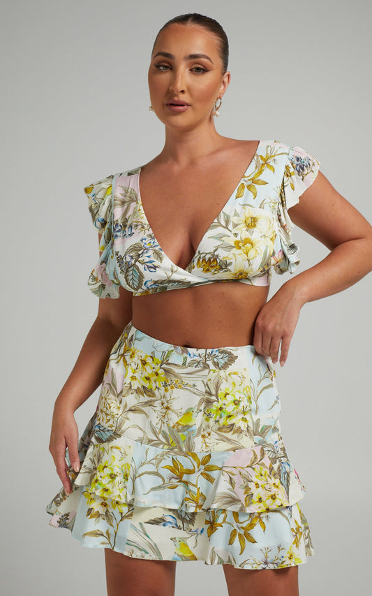 Jeannell Frill Sleeve Crop Top Mini Skirt Two Piece Set in Boho Patchwork