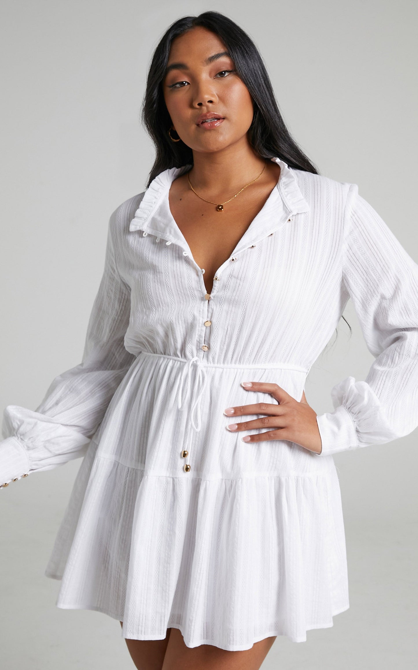 Mindii Cotton Button Front Balloon Sleeve Tiered Mini Dress in White