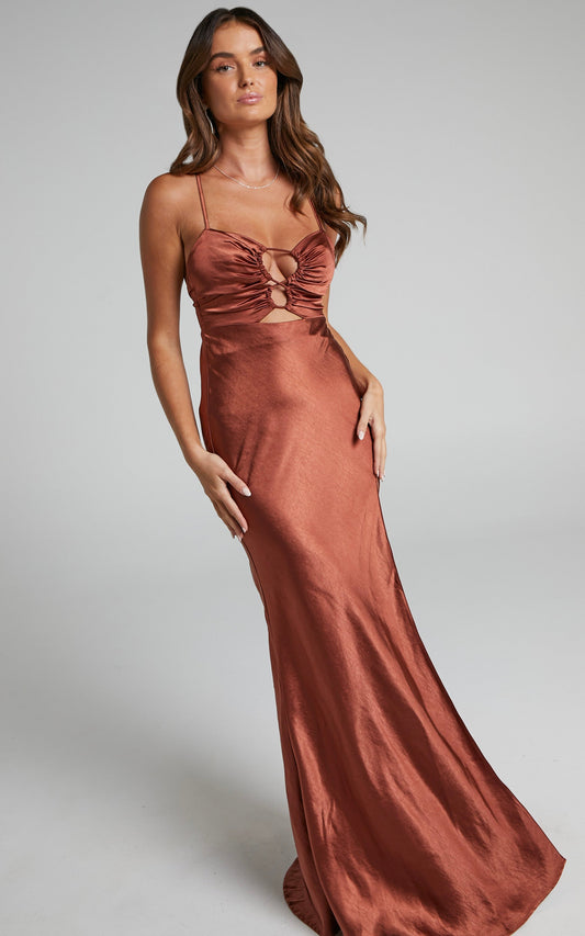 Mireille Maxi Dress - Bias Cut Cross Back Satin Dress in Rust