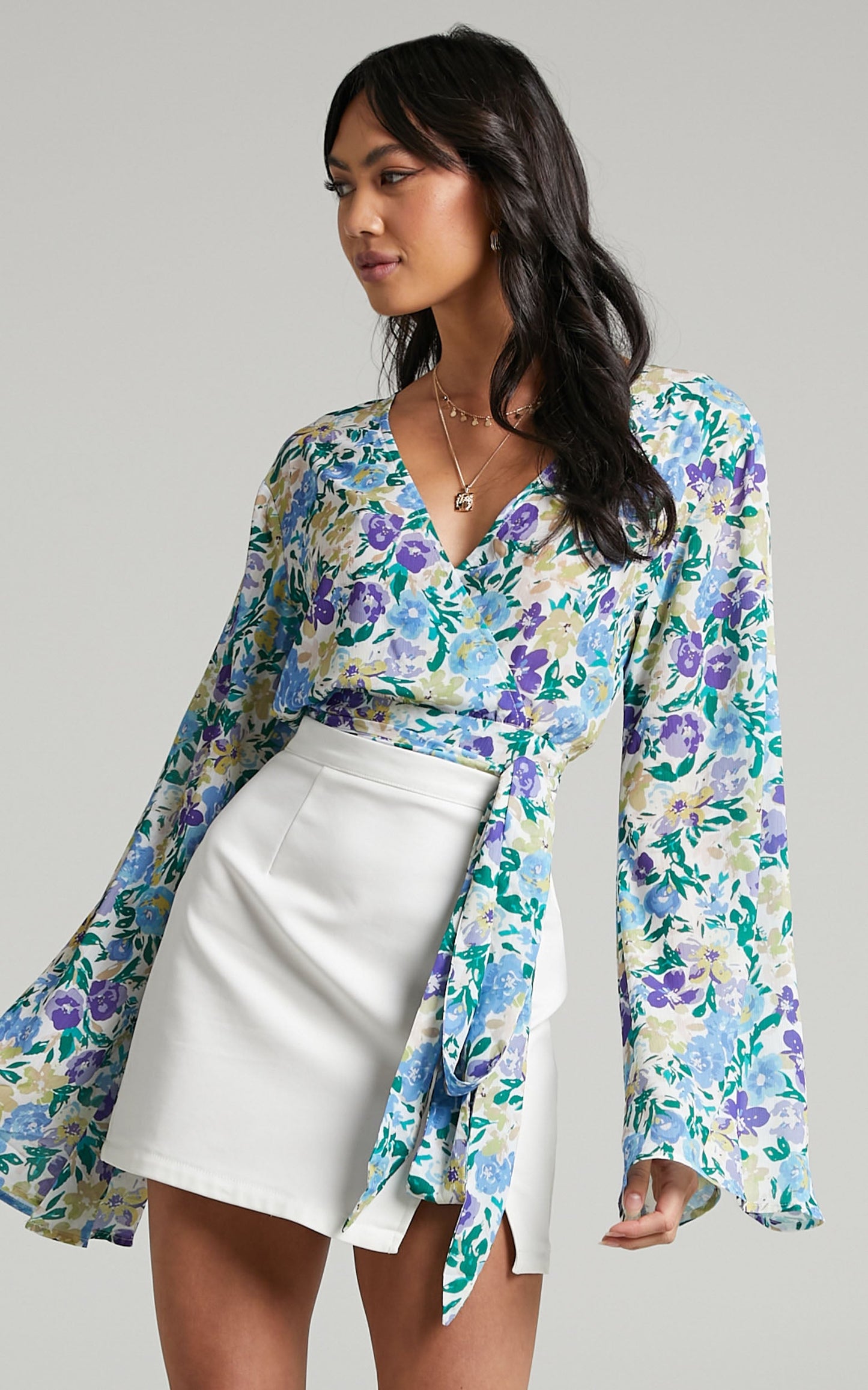 Myeshia Long Sleeve Wrap Top in Lavender Fields