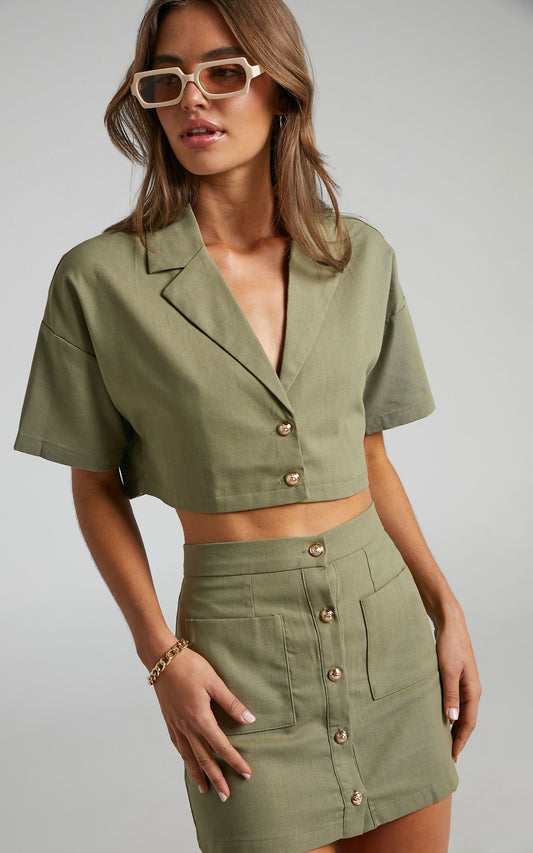 Nadhia Two Piece Set - Linen Look Cropped Shirt and Button Up Mini Skirt in Khaki