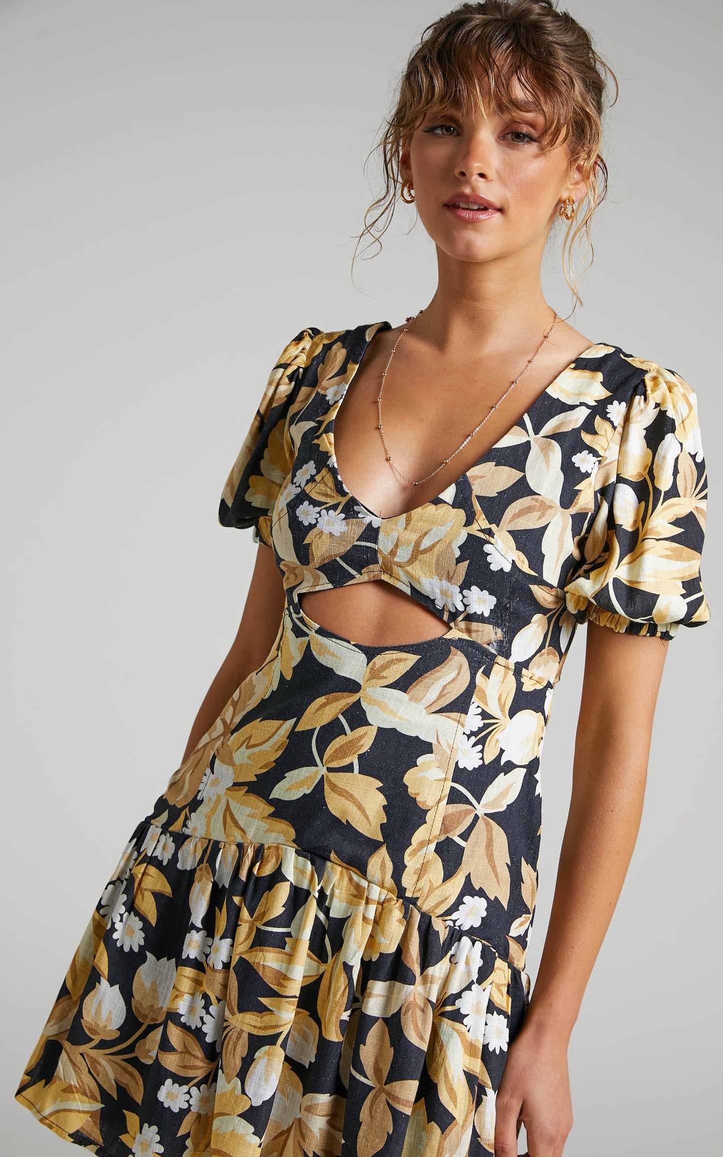 Nazeli Mini Dress - Linen Look Cut Out Puff Sleeve Linen Dress in Black Floral