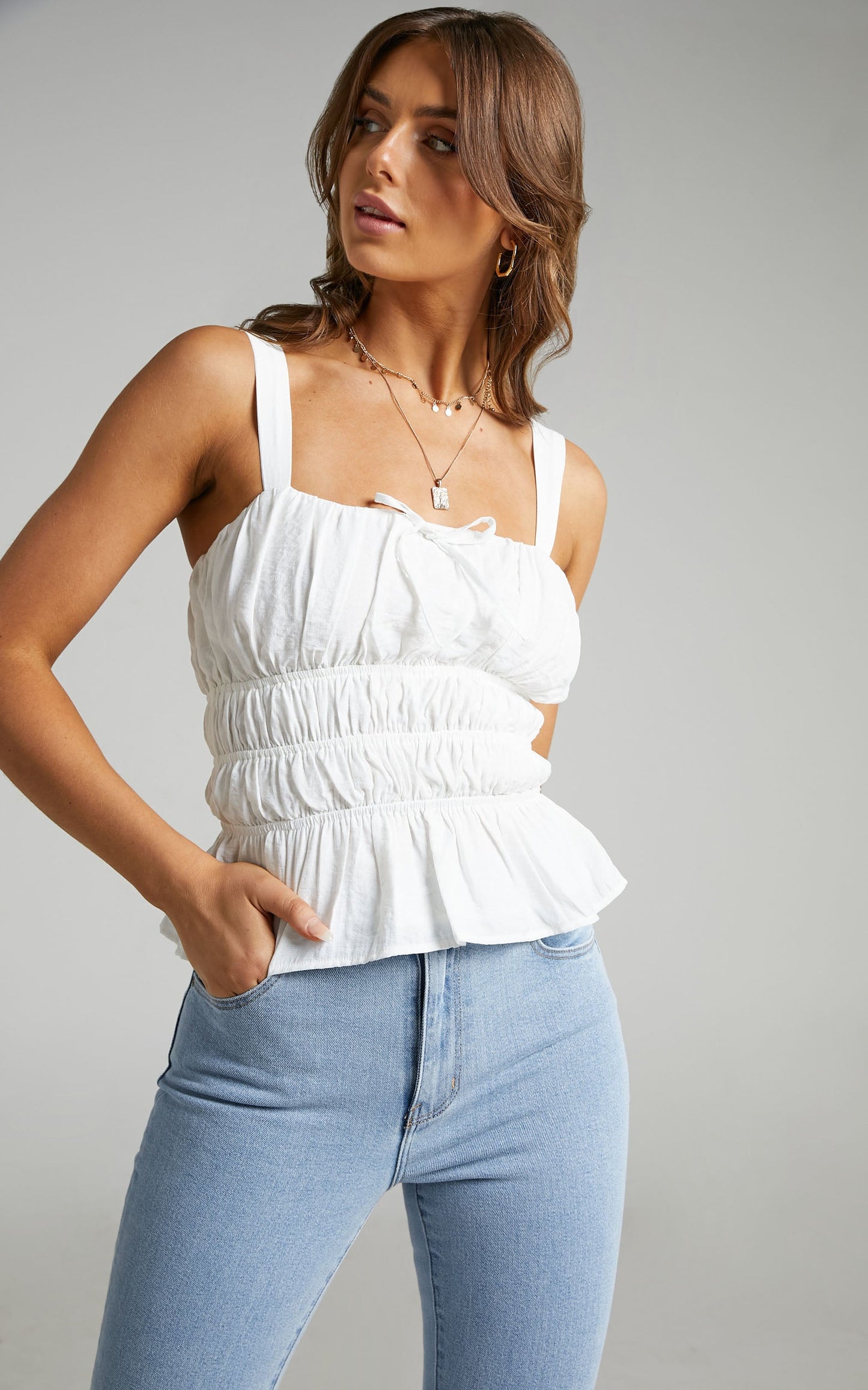 Novana Ruched Peplum Top in White