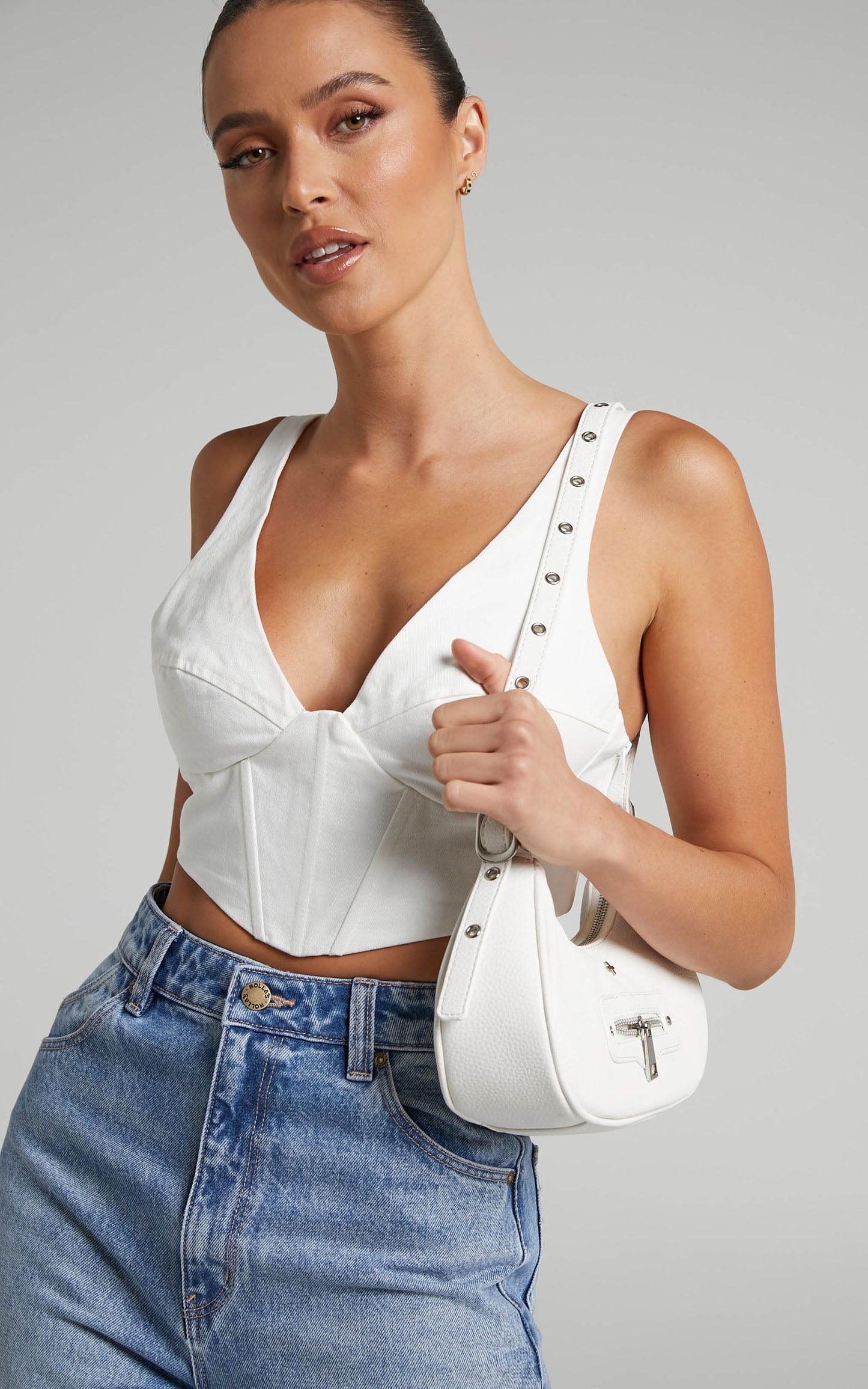Peta and Jain - Moto Bag in White Pebble / Silver