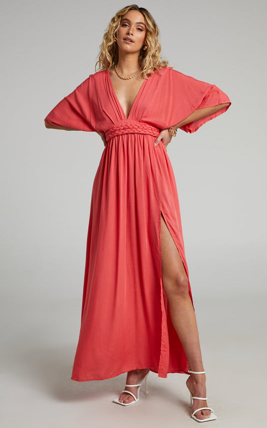Phillipha Underbust Tie Angel Sleeve Maxi Dress in Watermelon