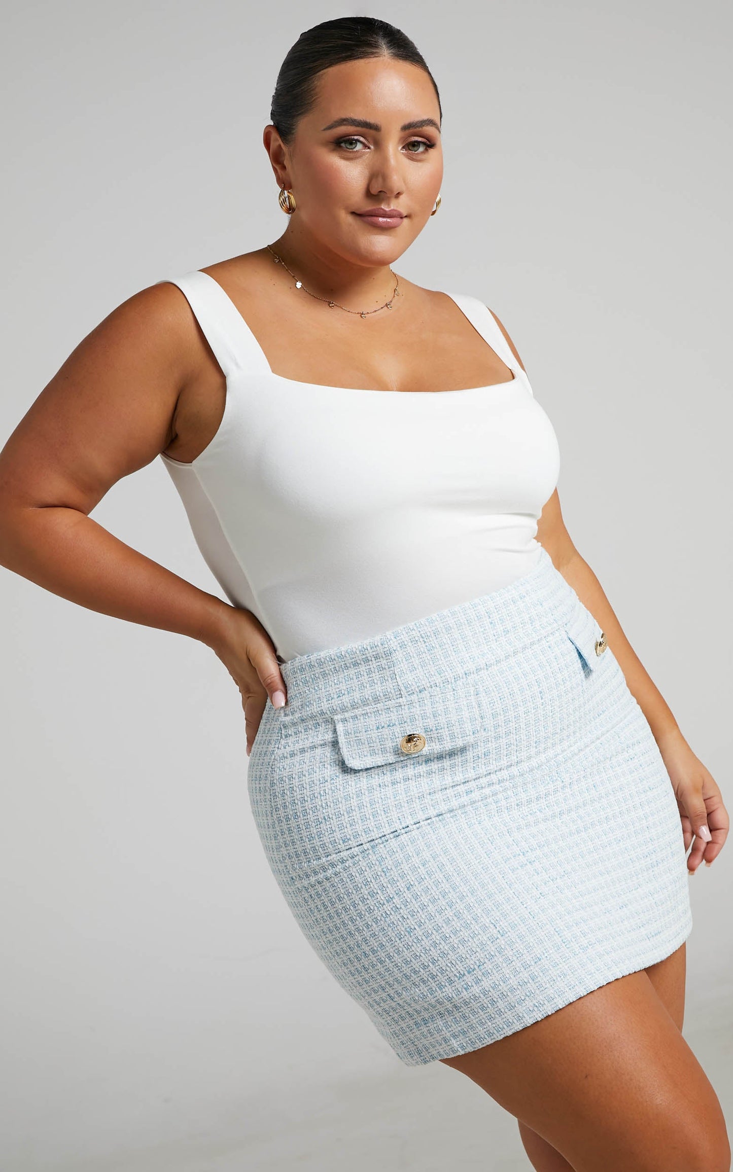 Prescy Mini Skirt - Bouncle Double Pocket Front Tweed Skirt in Ice Blue
