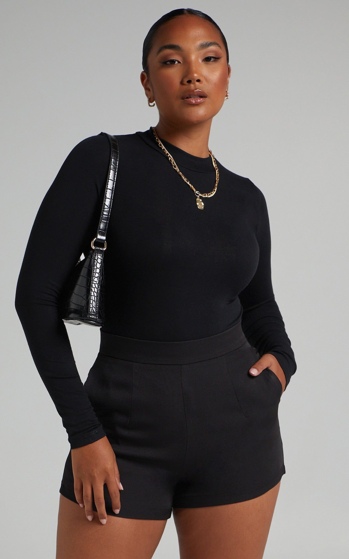 Bea High Neck Long Sleeve Bodysuit in Black