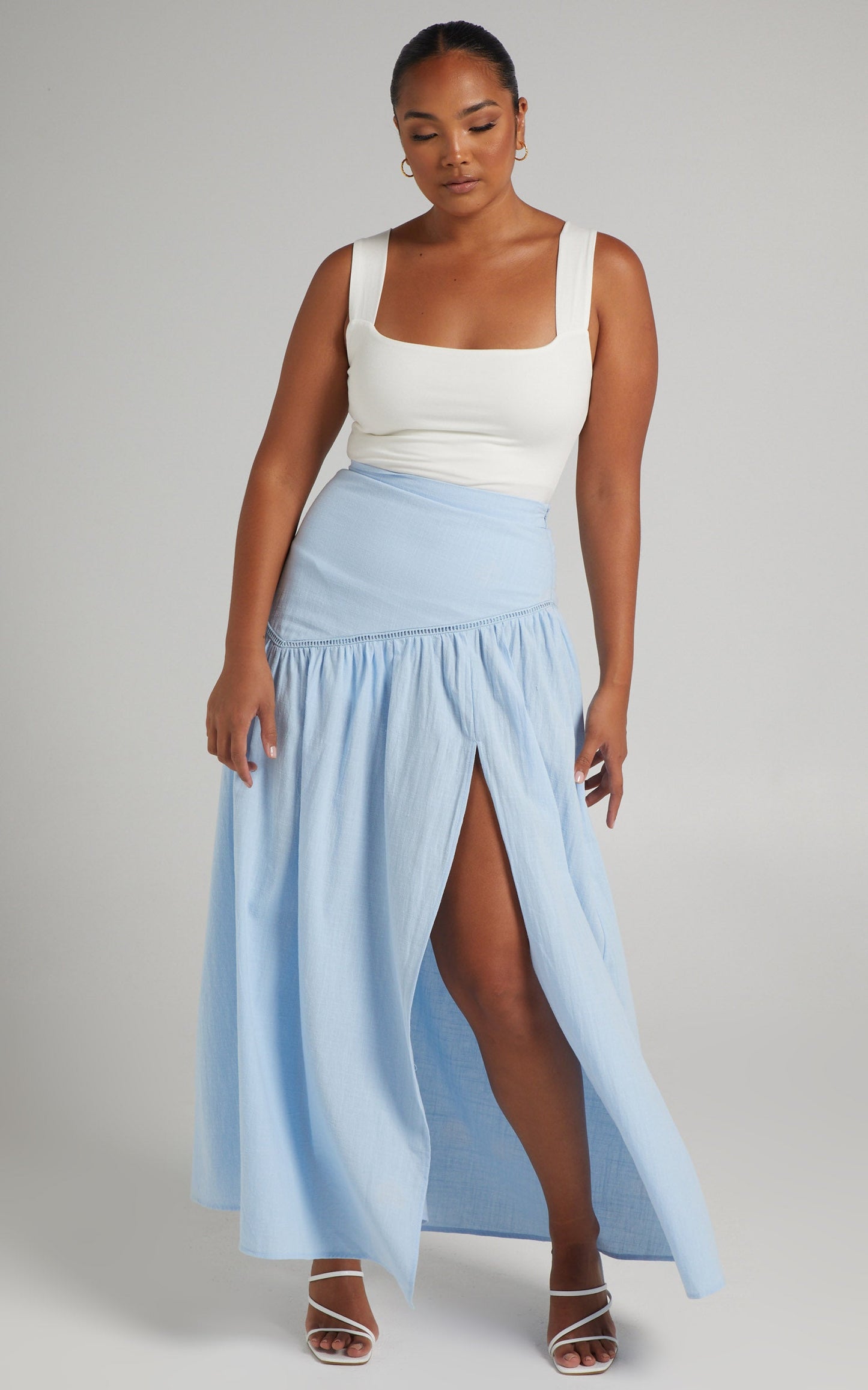 Jalena Thigh Slit Asymmetric Maxi Skirt in Light Blue