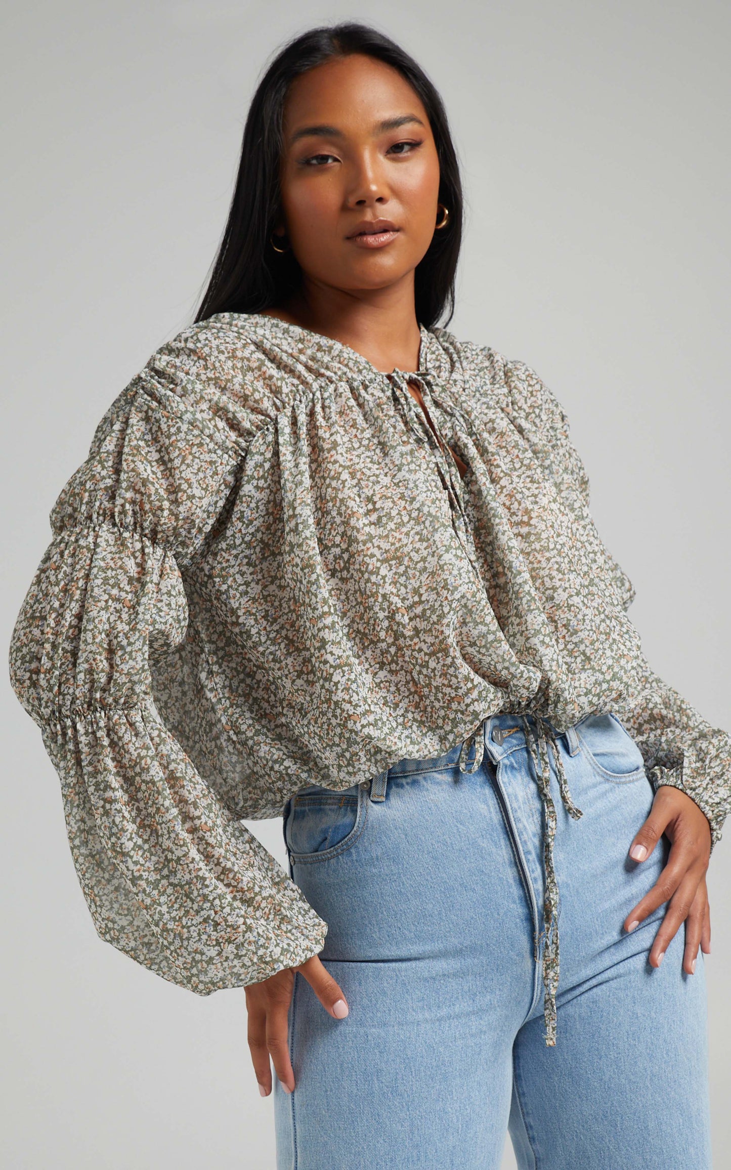Maizie Tie Front Long Sleeve Top in Black Floral