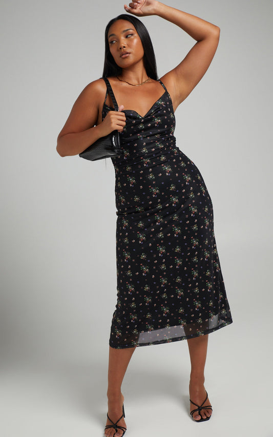 Roselyn Cowl Neck Open Back Midi Dress in Black Floral