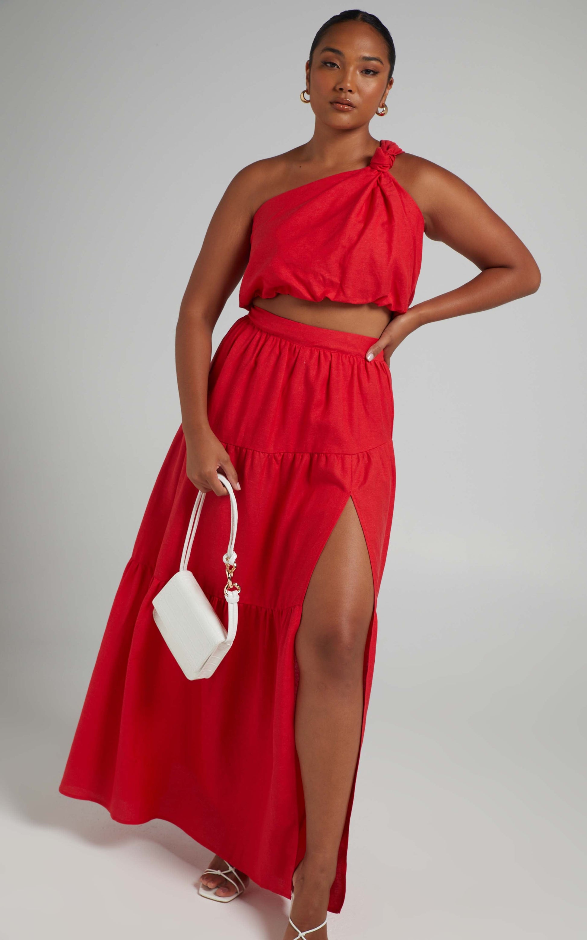 Aerilyn Two Piece Set - Linen One Shoulder Crop Top and Midi Skirt Set in Red