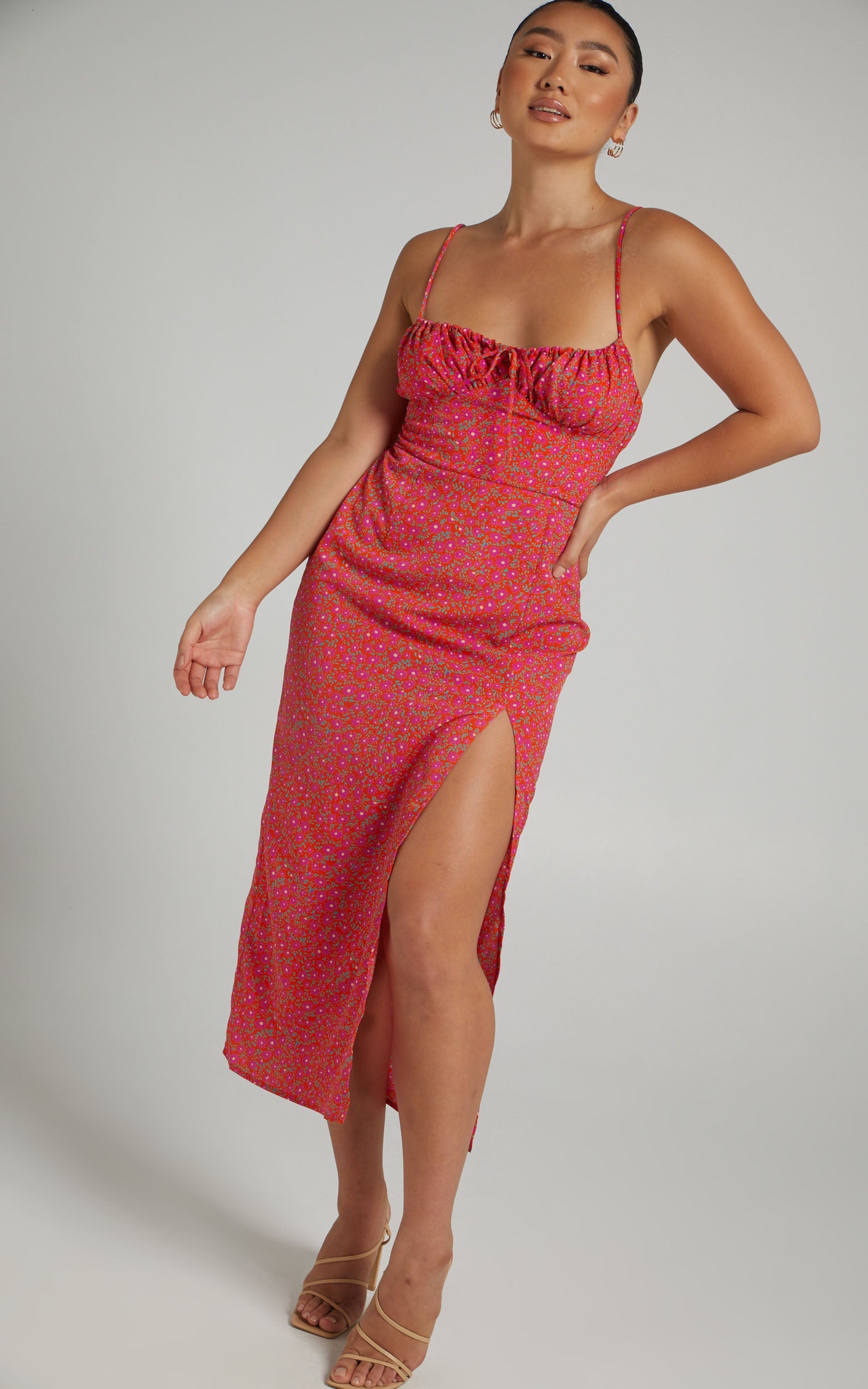 Ofellia Ruched Bodice Midi Dress in Orange