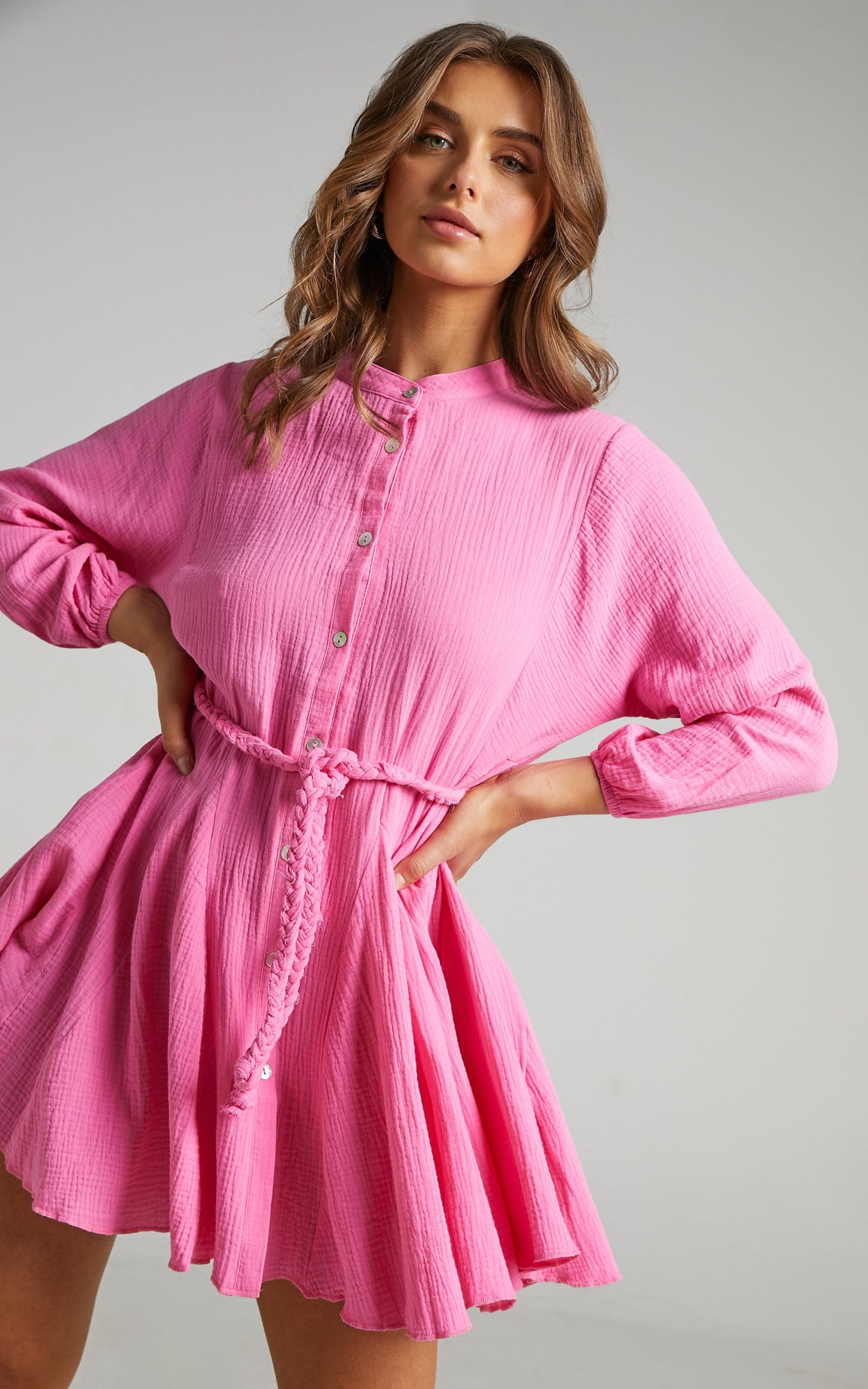 Raphaelle Mini Dress - Long Sleeve Button Up Dress in Pink